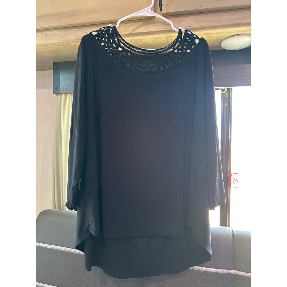Cato Black Lattice Crochet Neck Tunic Top Plus Size 22 24W Long Sleeve Blouse